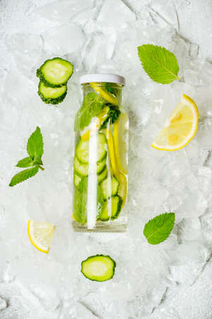 Cucumber lemon lemonade and ingredients. Lemon, ice and mint.