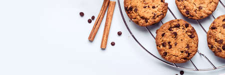 Oatmeal chocolate chip cookies with cinnamon on blue background. Long banner format