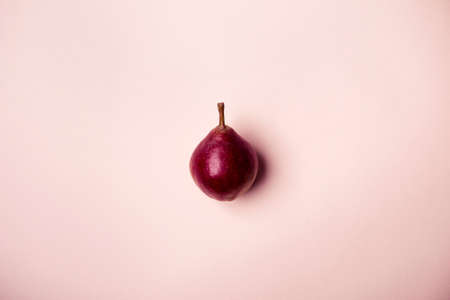Pink purple pear on pink background. Minimalist style. Autumn harvest concept.の写真素材