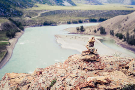 Stone tower at the confluence of Chuya River and Katun River. Altai Russia..の写真素材