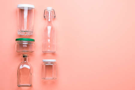 set of reusable jars and bottles for packaging products. Zero plastic concept.の写真素材