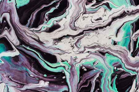Fluid Art. White black and neon turquoise waves and curls.の写真素材