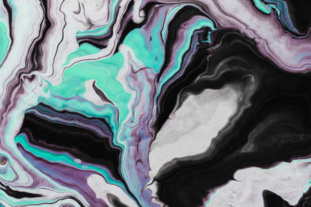 Fluid Art. White black and neon turquoise waves and curls.の写真素材