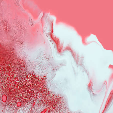 Fluid Art. Whites stains and waves on red. Abstract swirling background or texture.