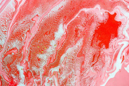 Acrylic Fluid Art. Red and pink waves with white splashes and golden inclusions. Abstract creative...