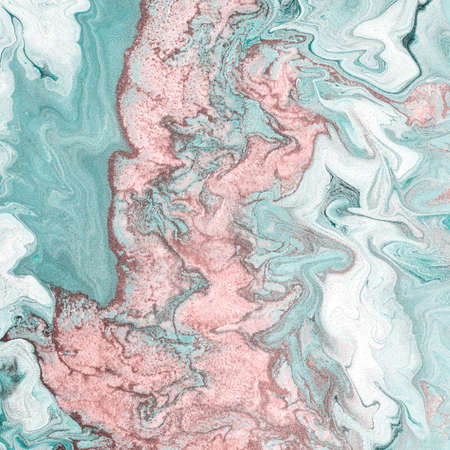 Abstract pink waves with golden inclusions. Free flowing paint. Acrylic fluid art.