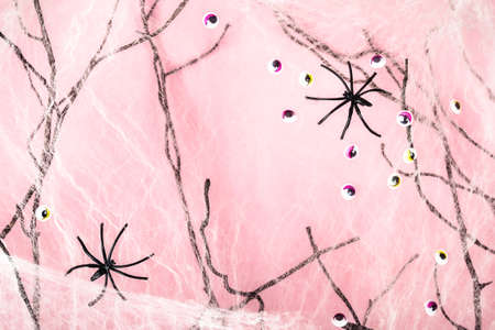 Pink halloween  with spider web, spiders and monster eyes.の写真素材