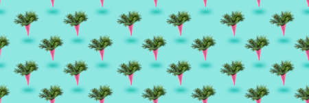 Modern christmas seamless texture. Painted pink ice cream cone with fluffy fir branches levitate.の写真素材