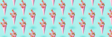 Christmas seamless texture with Soaring Painted pink ice cream cone with christmas tree.の写真素材