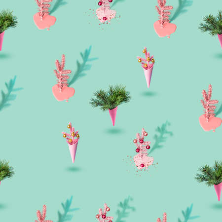 Modern christmas seamless texture with pink christmas tree, ice cream cones and shadow.の写真素材