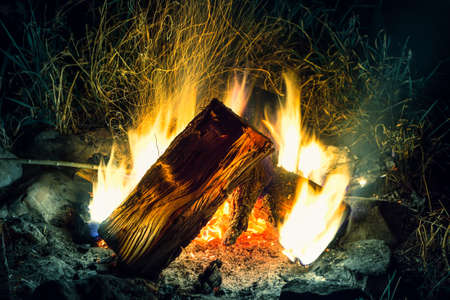 Beautiful bonfire with flying sparks pattern. Large firewood fire burn in pitch darkness.の写真素材