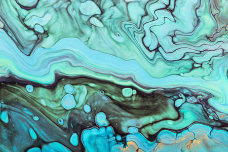 Pastel blue spots and mint azure waves. Acrylic Fluid Art. Abstract stone background or texture.