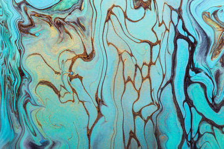Pastel blue waves and gold sparkles. Acrylic Fluid Art. Abstract stone background or texture.