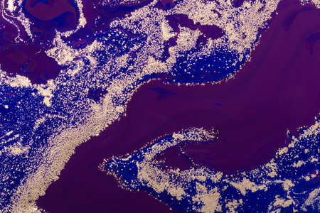 Acrylic Fluid Art. Luxury Gold sparkles Pattern and blue purple waves.