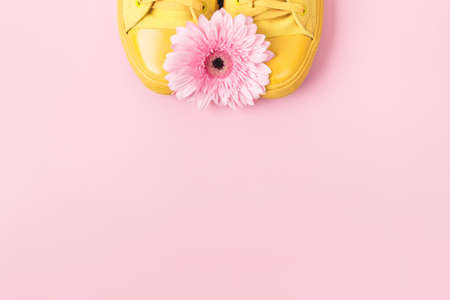 Yellow sneakers and pink gerbera flower. Minimal layout for social networks with place for text or product in pastel colors.の写真素材