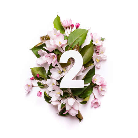 Paper number two on background of apple trees. Minimal creative Layout with natural elements for...
