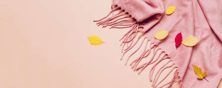 Pink cozy scarf with tassels and scattered leaves on pastel banner.