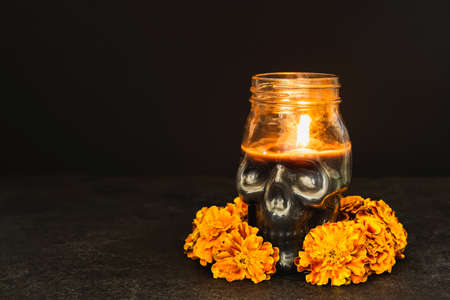 Burning candle Skull with marigold flowers wreath on black background. Dia de los muertos day or day...