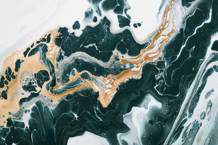 Fluid Art. Liquid Metallic Gold and gold in abstract Tidewater Green waves and stains. Marble effect background or textureの写真素材