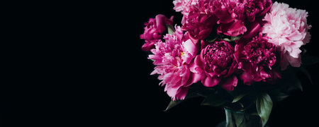 Black Banner with Beautiful magenta peonies bouquet in glass vase. Soft focus, front viewの写真素材