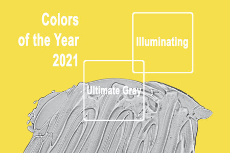 Trending colors of 2021. Illuminating Yellow and Ultimate Gray. Transparent gel spot. Textured smear with oxygen bubblesの写真素材