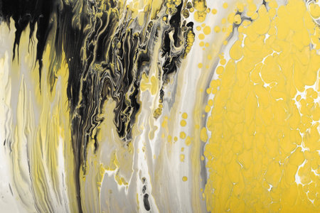 Trending colors of 2021. Flow of gray and black paint with yellow bubbles drops. Marble effect background or texture. Fluid Artの写真素材