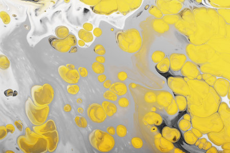 Trending colors of 2021. Flow of gray paint with yellow bubbles drops. Marble effect background or texture. Fluid Artの写真素材