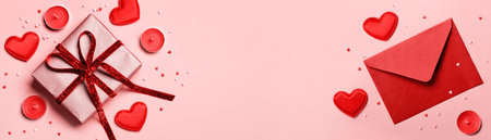 Valentines day banner. Red envelopewith, Gift box and hearts on pink background. Romantic concept