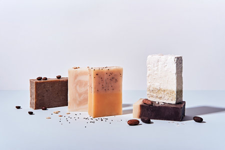Natural soap bars with ingredients. Diy cosmetics products. Spa bath still life, front view
