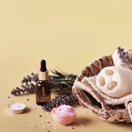 Sustainable Spa setting in neutral colors. Organic cosmetics products with lavender, copy spaceの写真素材