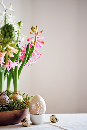 Easter composition from hyacinths flowers and quail eggs on linen tablecloth. Zero Waste Easter