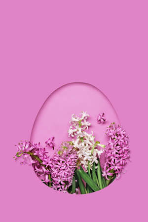 Pink easter Egg shaped hole with copy space on pink background. Beautiful hyacinths. Happy easter concept, greeting cardの写真素材