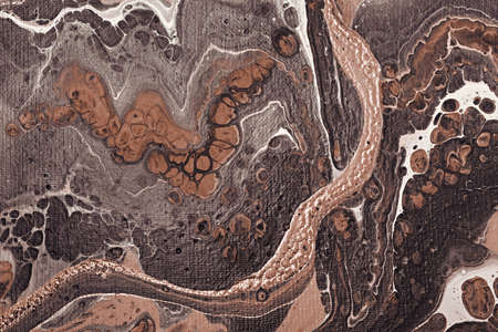 Acrylic Fluid Art. Brown paint bubbles on beige waves. Liquid Gold Wave on canvas. Digital decor. Abstract stone background or textureの写真素材
