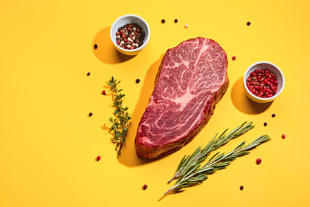 Fresh marbled beef rib eye steak and spices on yellow background, trendy shadowsの写真素材