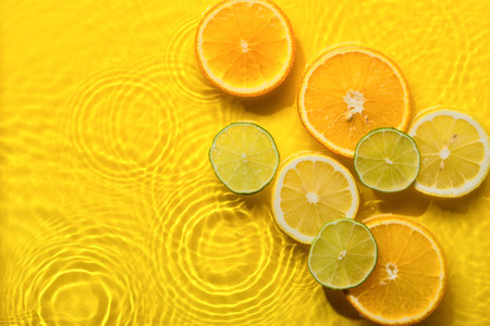Citrus fruits in yellow water background with concentric circles and ripples. Refreshing summer concept, Copy space.の写真素材