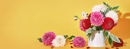 Autumn dahlias flowers bouquet on yellow table. Wall table background, banner format