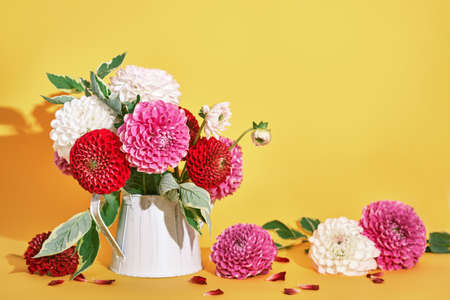 Bouquet of beautiful dahlias flowers and petals on yellow table. Autumn festive decoration, trendy shadowsの写真素材
