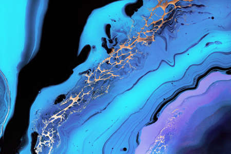 Fluid Art. Liquid Metallic Gold in neon blue wave. Marble effect background or texture