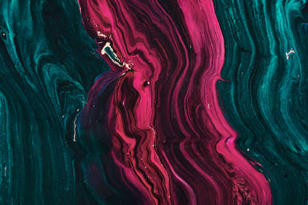 Fluid Art. Beautiful green and purple waves with black curls. Marble effect background or texture