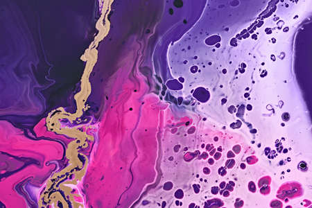 Fluid Art. Metallic gold abstraction and bubbles on purple waves. Marble effect background or...