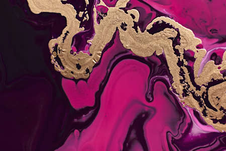 Metallic gold abstraction on purple waves. Fluid Art. Marble effect background or textureの写真素材
