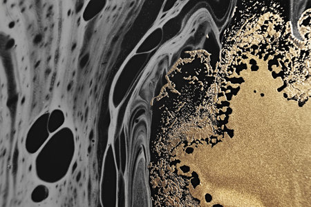Fluid Art. Metallic gold and gray abstract waves on Black background. Marble effect background or textureの写真素材