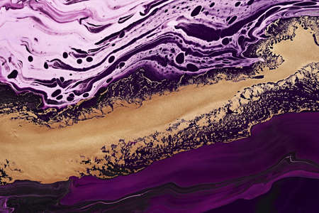 Fluid Art. Metallic gold abstraction and purple waves. Marble effect background or texture