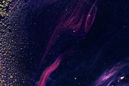 Fluid Art. Golden metallic particles and purple black waves. Abstract space. Marble effect...