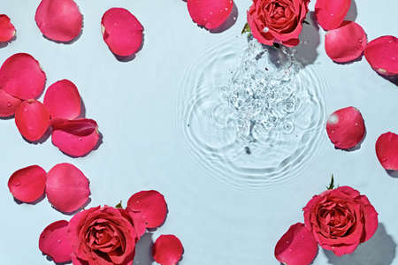 Cosmetic moisturizer micellar water. Floral rose frame on Abstract transparent liquid wavy backgroundの写真素材