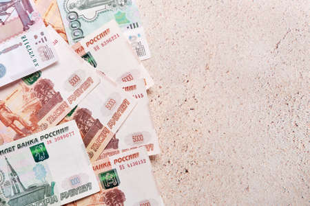 Russian rubles banknotes background. Payment in rubles concept. Currency exchange, Financial crisis,...