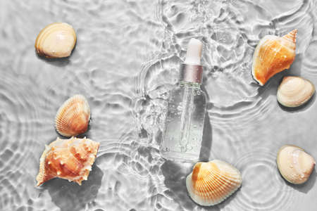 Organic cosmetic with sea minerals. Skincare cosmetic product and shells on gray water backgroundの写真素材