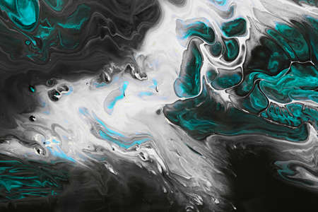 Fluid Art acrylic paints. Abstract mixing gray waves and green bubbles. Liquid flows splashes....