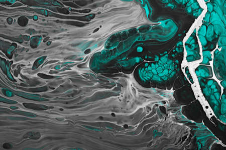 Fluid Art acrylic paints. Abstract mixing gray waves and green bubbles. Liquid flows splashes....