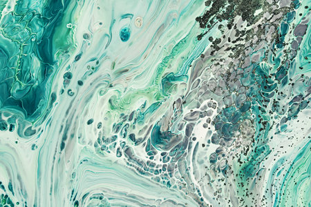 Fluid Art acrylic paints. Abstract mixing green waves and grains of sand. Liquid flows splashes....